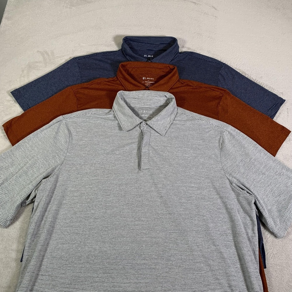 01.ALGO Polo Shirt Mens 2XL Lot‎ Of 3 Striped Blue Rust Golf Performance Stretch